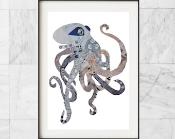Octopus Wall Art, Nautical Print as Bathroom and Beach House Decor, Unique Collage Artwork,  My Teacher Octopus Gift