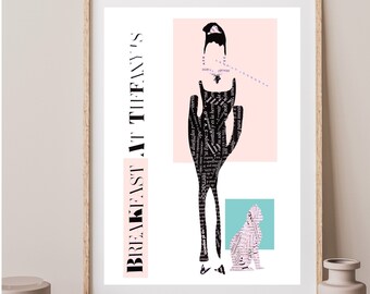 Movie Poster Breakfast at Tiffanys, Collage Movie Prints, Retro Vintage Film Poster, Audrey Hepburn Art as Unique Girlfriend Gift