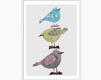 Bird Art Print for a Soft Pastel Colors Nursery Decor, Collage Wall Art of 3 Little Birds as New Baby Gift
