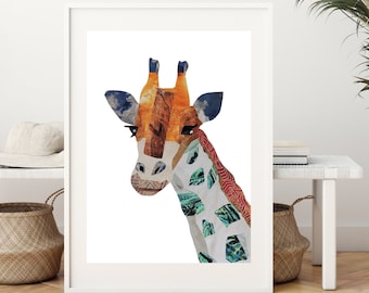 Impression girafe, décoration de chambre d'enfant Safari, création d'art mural collage, art mural girafe pour chambre d'enfant jungle