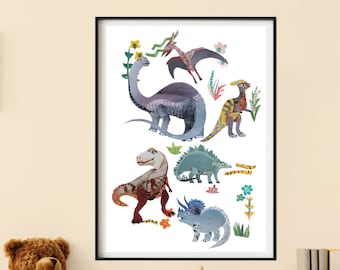 Dinosaur Wall Art, Jurassic Poster from Original Collage Artwork, Boy Nursery Decor, Dinosaur Gift