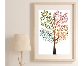Four Seasons Tree Art Print: Colorful Collage, Nature Decor