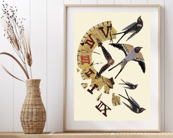 Swallow Surreal Art Print, Vintage Wall Art, Time and Bird Art from Collage Artwork Design, Vintage Swallow Bird Gift