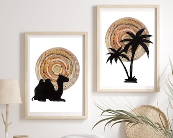 2 Desert Art Prints from Unique Collage Artwork, Desert Landscape with Camel and Palm Tree, Minimalist Desert Oasis for Bohemian Wall Decor
