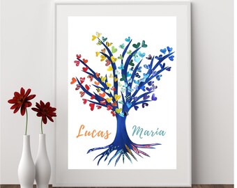 Family Tree Print, Free Personalized Tree of Life, Custom Family Tree from Original Collage Artwork, Colorful Heart Wall Art and Love Poster