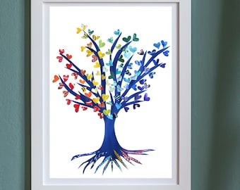 Tree of Life, Colorful Tree Art Print for a Rainbow Nursery Decor, Collage Prints, Heart Artwork and Love Poster