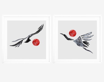Abstrasct Animal Art, Modern Japandi Home Decor, Minimalist Bird Prints from Original Collage Artwork, Beautiful Flying Birds at Sunset