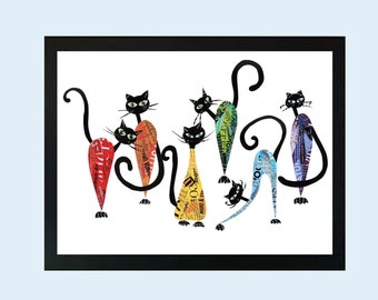 Katze Kunstdruck | Collage Kunstwerk | Bunter Regenbogen Wand Dekor | Katzen Kunstwerk | Katzenliebhaber Geschenk