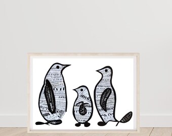 Penguins Line Art, Minimalist Modern Animal Family Line Art Print from Original Collage Artwork, Penguin Black and White Wall Art