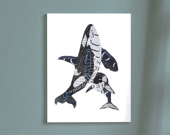 Orca Whale Print, Ocean Wall Art from Unique Collage Artwork, Orca with Baby Nautical Decor, Whale Art as New Mom Gift
