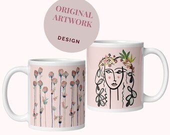 Mid Century Modern Pink Mug, Minimalist Flower Mug from Unique Collage Art, Mid Century Kitchen Decor and Art Lover Gift