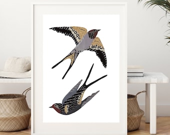 Vintage Swallow Print, Elegant Bird Art from Original Collage Artwork as Bird Wall Decor and Nature Art Gift