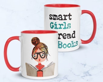 Book Lovers Gift, Book Club Mug, Woman Reading Collage Art, Inspirational Mug Quote: Smart Girls Read Books