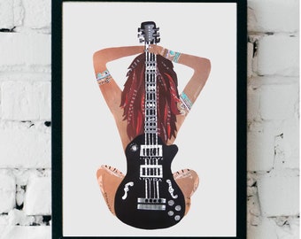 Electric Guitar Art, Rock Poster, Guitar Collage Artwork, Unique Guitar Gift and Music Decor