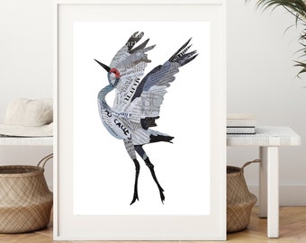 Heron Bird Art Print from Unique Collage Artwork, Great Blue Heron as Bird Lover Gift and Bird Wall Decor, Beautiful Gift for Her