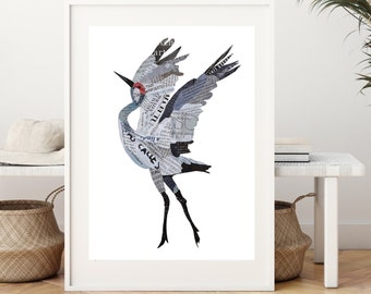 Reiher Vogel Art Print von einzigartiger Collage Kunst, Blauer Reiher als Geschenk für Vogel-Liebhaber und Vogel-Wand-Dekor, schönes Geschenk für Sie