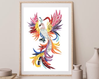 Phoenix Bird, Dragon Fantasy Art Print from Unique Collage Artwork, Mythical Bird, Bright Phoenix Rising