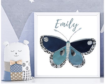 Arte personalizada para quarto de bebê com borboletas: Colagem exclusiva com o nome do bebê.