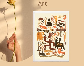 Egyptian Art, Terracotta Wall Art, Earth Tone Abstract Print with Egyptian Symbols from Unique Collage Artwork