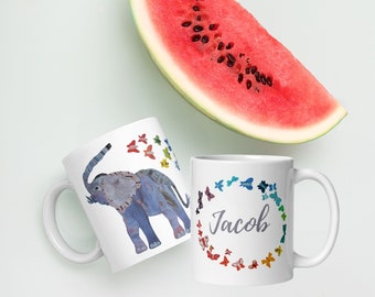 Elephant Mug, Personalized Handmade Collage Mugs, Elephant and Butterflies Rainbow Safari Artwork, Unique Elephant Gift!