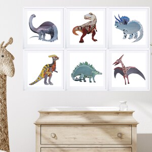 オリジナルコラージュアートの恐竜プリント6枚セット、恐竜男の子部屋装飾、T-Rex、ブロントサウルス、トリケラトプス