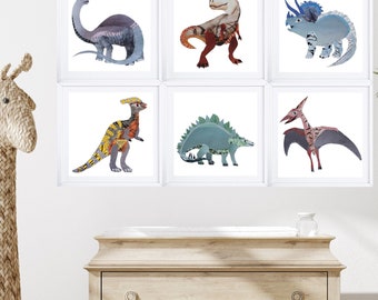 Wall Art Set of 6 Dinosaur Prints from Original Collage Art, Dino Boys Room Decor, T-Rex, Brontosaurus, Triceratops