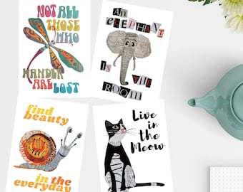 Animal Postcards Set, 4 Inspirational Quote Prints, 4x6 inches Collage Art
