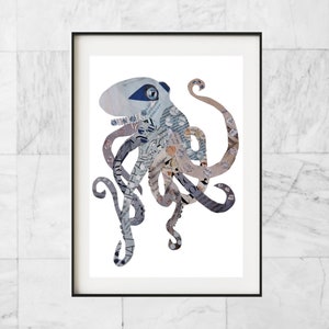 Octopus Wall Art, Nautical Print as Bathroom and Beach House Decor, Unique Collage Artwork, Octopus Gift