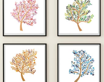 Four Seasons Tree Wall Art, Gallery Set of 4 Collage Prints, Seasonal Art as Botanical Homeschool Decor
