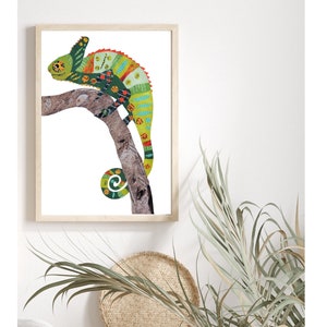 Decoración de pared con camaleón, impresión artística colorida de iguana a partir de una obra de arte de collage única, regalo de decoración de reptiles