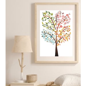 Jahreszeiten Poster, Bunte Jahreszeiten Baum Wandkunst, Baum des Lebens Collage als Natur Dekor