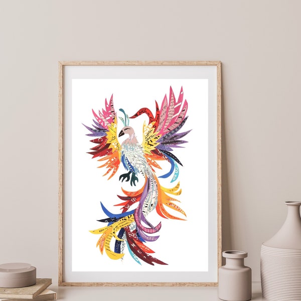 Phoenix Bird, Dragon Fantasy Art Print from Unique Collage Artwork, Mythical Bird, Bright Phoenix Rising