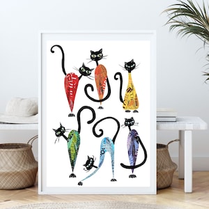 Katzen Poster, Katzen Druck von Original Collage Kunstwerk, Fröhliche und Bunte Wandkunst, Regenbogen Druck für Katzen Dekor und Einzigartiges Katzen Liebhaber Geschenk
