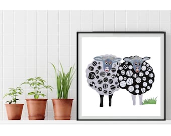 Lamb Print, White Sheep and Black Sheep Wall Art from Unique Collage Artwork, Modern Farmhouse and Kitchen Wall Decor Gift