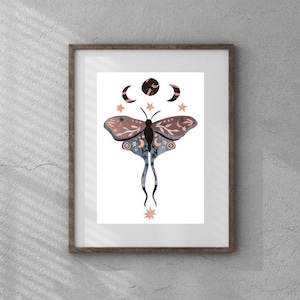 Arte de polilla lunar, hermosa impresión de polilla de collage, regalo espiritual de la luna y arte de mariposas