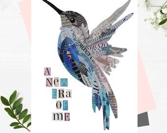 Hummingbird Art as New Beginnings Gift, New Chapter Women Empowerment Print, Unique Newspaper Collage Artwork: A new era of me