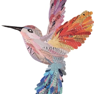 May include: A colorful hummingbird made from paper scraps with words printed on them. The hummingbird is in flight with its wings spread out. The colors of the paper scraps are red, orange, yellow, green, blue, and purple.