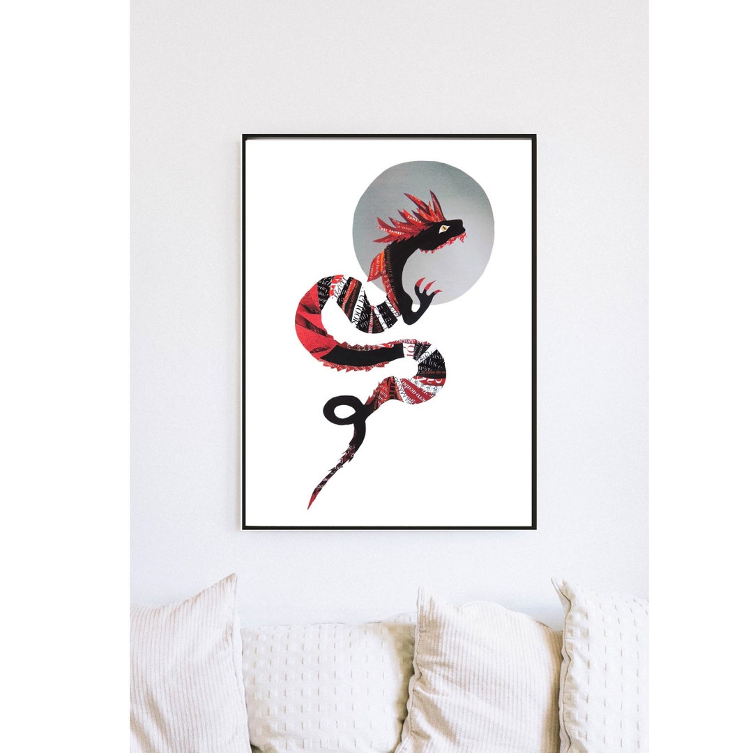 Dragon Art Print From Original Collage Artwork, Japanese Dragon Wall Art for a Minimalist Asian