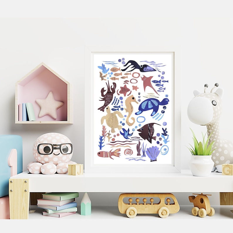 Sea Animal Wall Art Print, Sea Life Collage Artwork for a Nautical