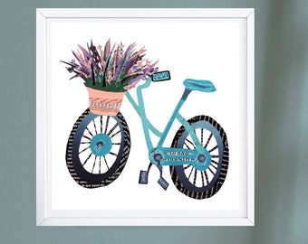 Cycling Art Print for a Bicycle Wall Decor, with Lilac Flowers, Unique Collage Art as Bike Gift