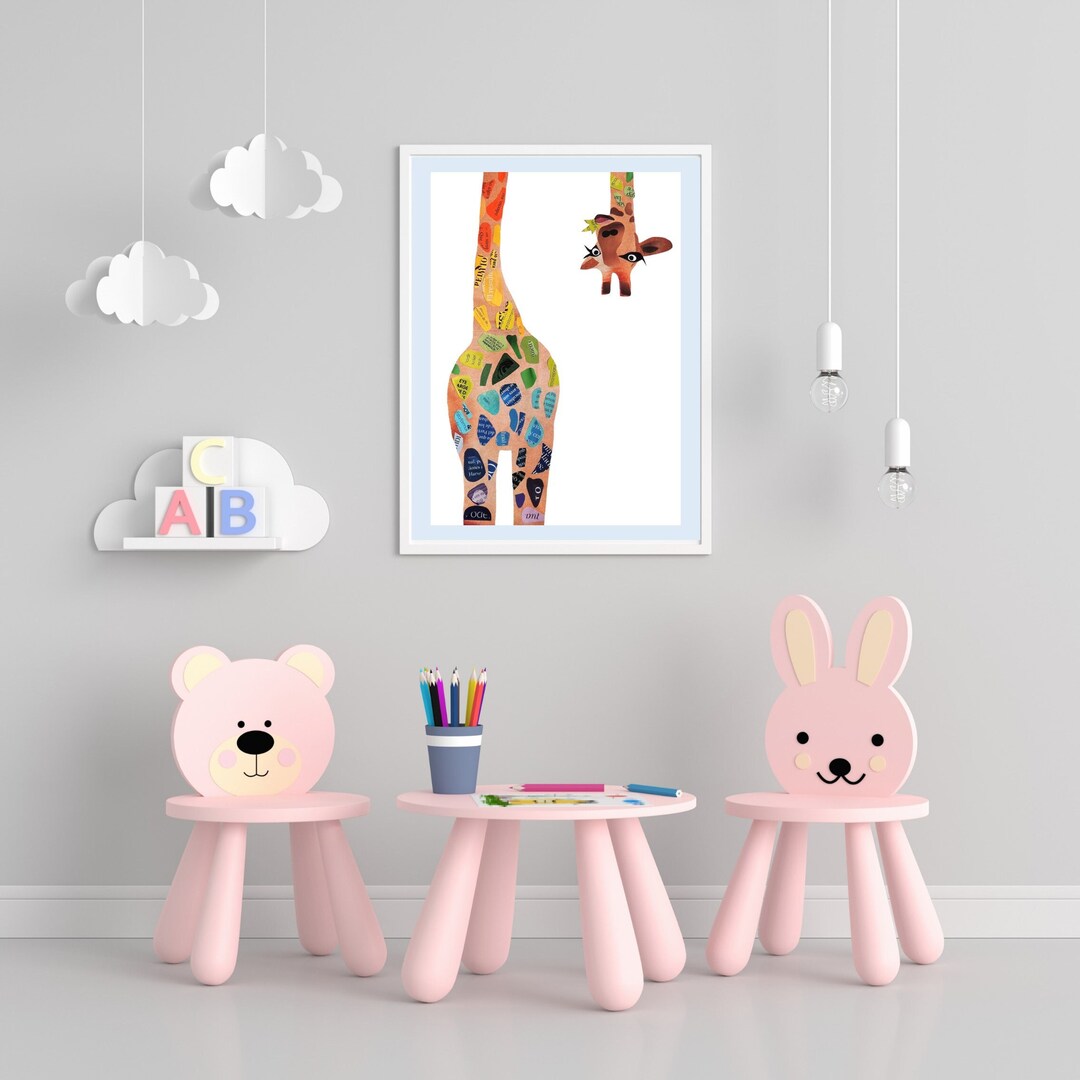Colorful Giraffe Wall Decor, Rainbow Animal Wall Art of Unique Collage Artwork, Funny Jungle