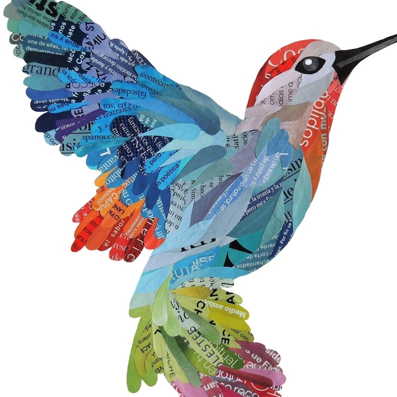 May include: A colorful hummingbird made from paper scraps. The hummingbird is in flight with its wings spread out. The paper scraps are arranged in a rainbow pattern.