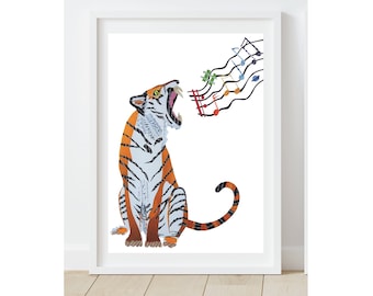 Tiger Art Print for Safari Nursery: Colorful Safari Animals Decor, Rainbow Music Notes Collage Art - Perfect Music Lover Gift