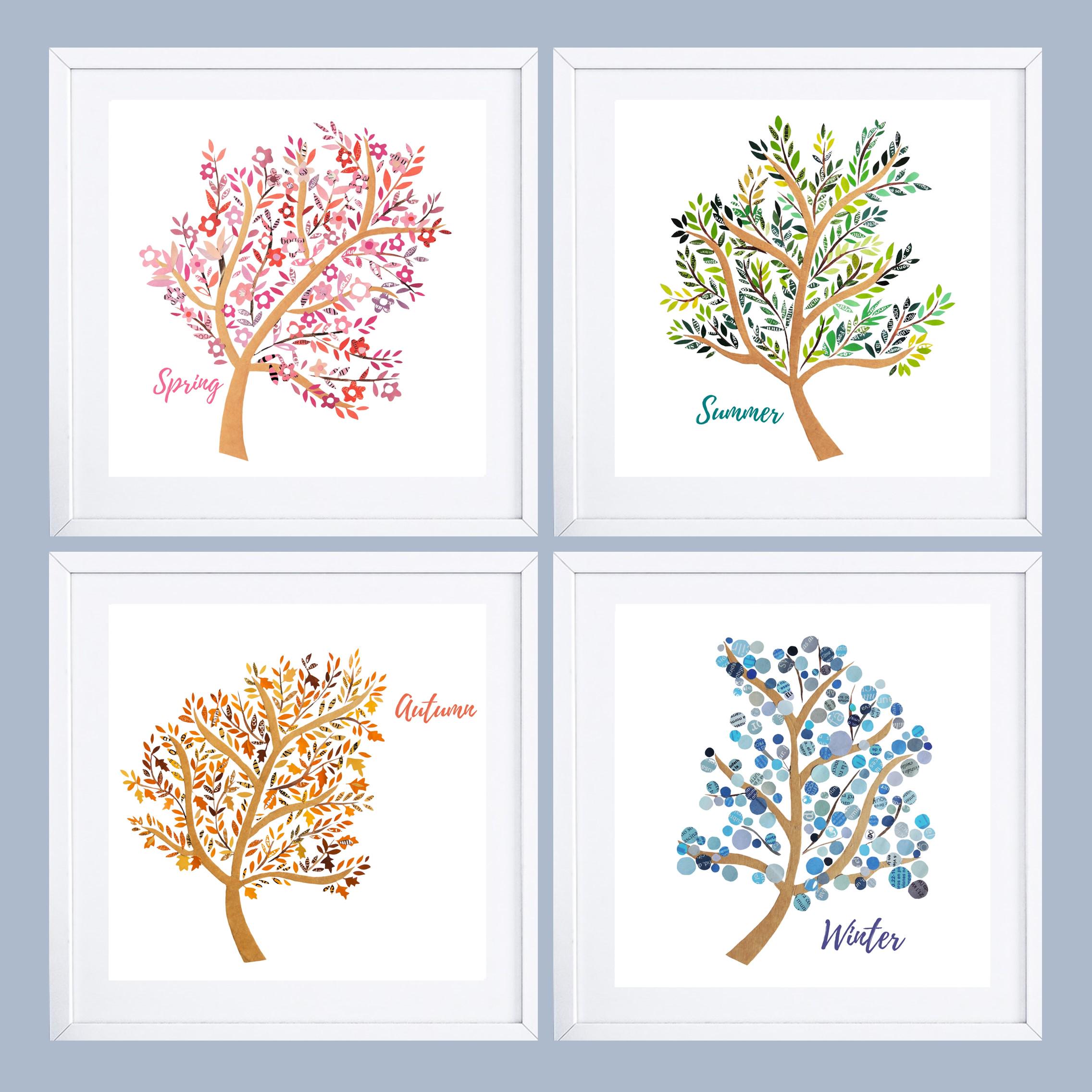 Four Seasons Tree Wall Art, Gallery Set of 4 Collage Prints, Seasonal ...