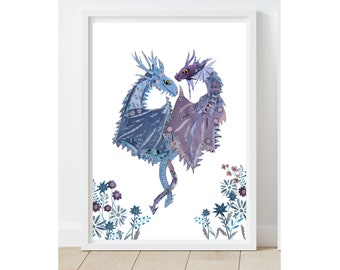 2 Dragons Print, Pastel Romantic Goth Decor from Original Collage Artwork, Floral Fantasy Art as Unique Dragon Gift