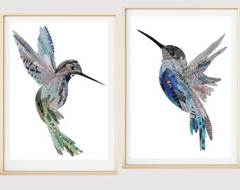 Set of 2 Hummingbird Print of Unique Collage Artwork, Bird Art as Wall Decor Hummingbird Gift