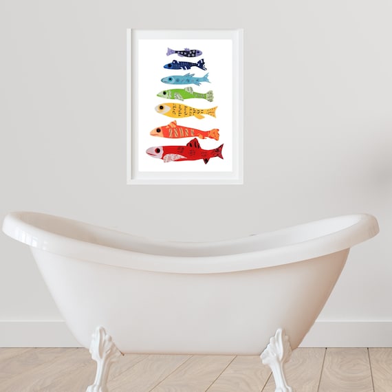 Rainbow Art Print, Fish Artwork from Unique Animal Collage, Colorful Bathroom Wall Decor