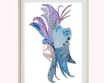 Fairy Art Print, Purple Turquoise Fantasy Creature Collage Artwork, Girl Room Art and Fairy Nursery Decor Gift