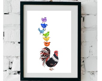 Colorful Chicken Art, Farm Animal Print for a Rainbow Decor, Unique Funny Chicken Collage Artwork
