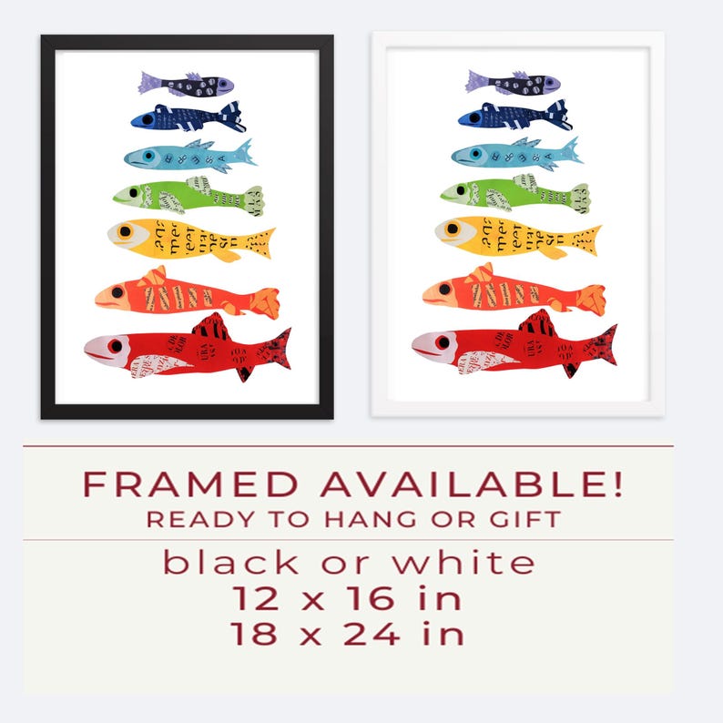 Impressão artística de arco-íris, arte de peixe a partir de colagem de animais exclusiva, decoração de parede colorida para banheiro imagem 4